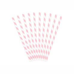 Χάρτινα λευκά καλαμάκια με ρίγες - ανοιχτό ροζ - 19.5cm - 10τμχ