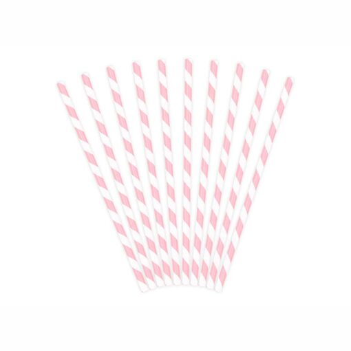 Χάρτινα λευκά καλαμάκια με ρίγες - ανοιχτό ροζ - 19.5cm - 10τμχ